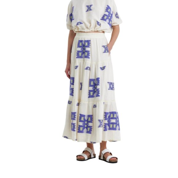 Devotion Twins Iliokali Maxi Skirt Womens OS S M L Cream Blue Cotton Tiered Boho - Picture 1 of 13